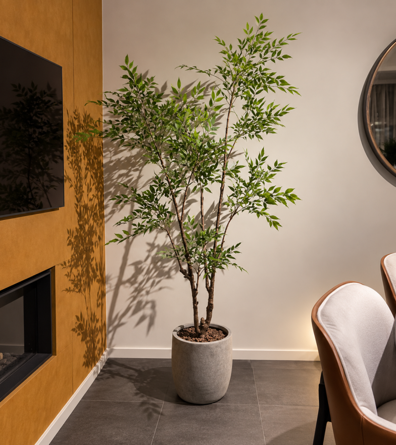 Stijlvolle woonkamer met groene boom